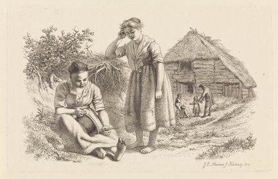 Twee vrouwen en een man met kinderen voor een boerenschuur door Jacob Ernst Marcus