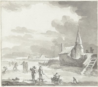 Winterlandschap met schaatsenrijders door Jacob Ernst Marcus