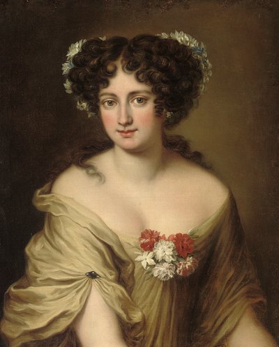 Portret van Contessa Ortensia Ianni Stella, buste lengte, in een ivoren chemise, met bloemen in haar haar door Jacob Ferdinand Voet