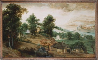 Een uitgestrekt landschap met huisjes op de voorgrond door Jacob Grimmer