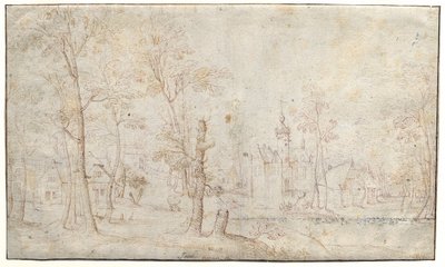 Omgracht kasteel en dorp door Jacob Grimmer