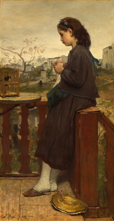 Meisje dat breit op het balkon, Montmartre, 1869 door Jacob Henricus or Hendricus Maris