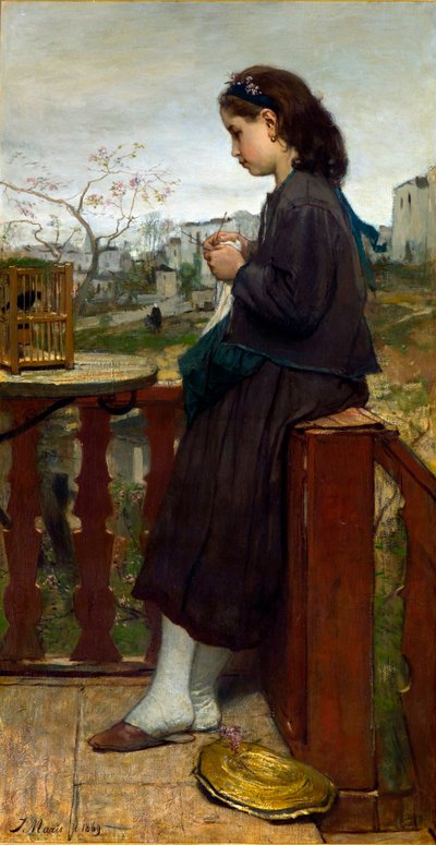 Meisje breiend op een balkon, Montmartre door Jacob Henricus or Hendricus Maris