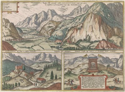 Drie gezichten in en rond het dal van de Inn in Oostenrijk, met de Alpen op de achtergrond door Jacob Hoefnagel (possibly)