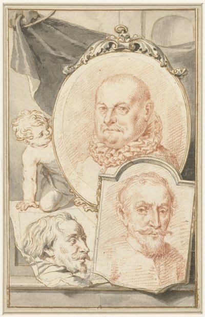 Portretten van Roelant Savery, Frans Snijders en Theodoor Rombouts door Jacob Houbraken