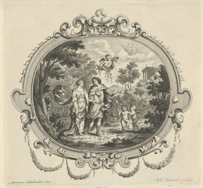 Wandelend paar vergezeld door putti door Jacob Houbraken