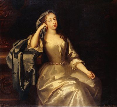 Portret van Mevrouw Tyrell, Driekwart Lengte, in een Witte Satijnen Jurk en Blauwe Sjaal, Haar Rechterarm Rustend op een Sokkel, een Landschap daarachter door Jacob Huysmans