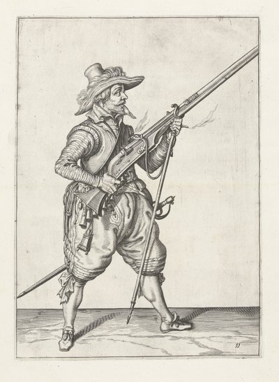 Musketier plaatst zijn furket eronder, ca. 1600 door Jacob II de Gheyn