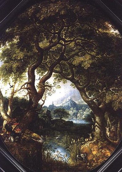 Een Bebost Landschap met Jagers bij een Stroom door Jacob I Savery