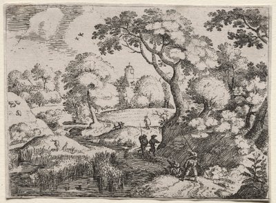 Zes landschappen: Pad tussen moeras en beboste oever door Jacob I Savery