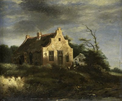 Boerderij in een bebost duinlandschap door Jacob Isaacksz van Ruisdael (school of)