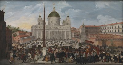 Een pauselijke processie op Piazza San Pietro in Rome door Jacob Isaacsz. van Swanenburg