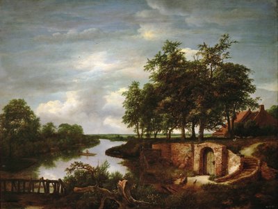 Rivierlandschap met kelderingang door Jacob van Ruisdael