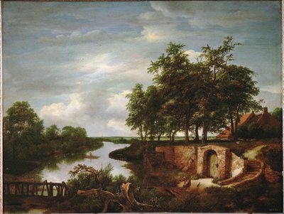 Rivierlandschap en toegang tot een kelder (schilderij op eikenhout) door Jacob Isaaksz. or Isaacksz. van Ruisdael