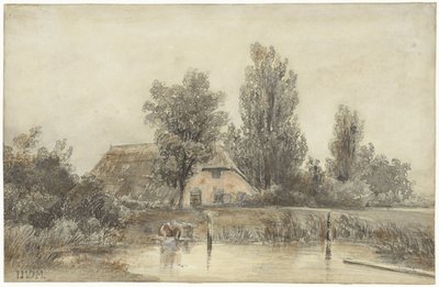 Boerderij en een wassende vrouw door Jacob Jan van der Maaten