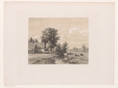 Landschap met boerderij en koe in het water door Jacob Jan van der Maaten