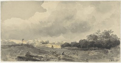 Landschap met schaapherder onder zware wolkenlucht door Jacob Jan van der Maaten