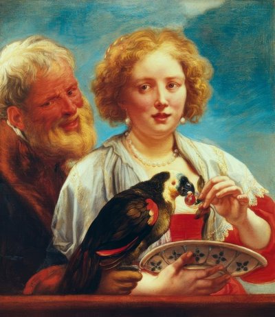 Een Jonge Vrouw met een Oude Man en een Papegaai door Jacob Jordaens