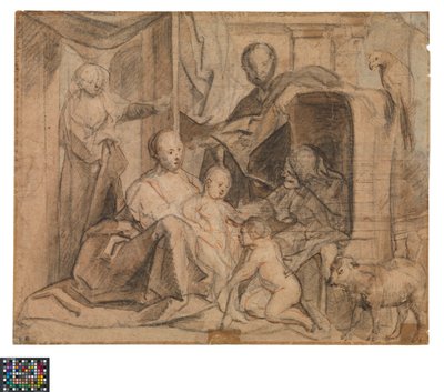 Duits: De Heilige Familie met Elisabeth en Johannes de Doper (achterkant: deur, deuropening en Hermes)
Nederlands: De Heilige Familie met Elisabeth en de kleine Johannes (keerzijde: Deur, deuropening en Hermes) door Jacob Jordaens