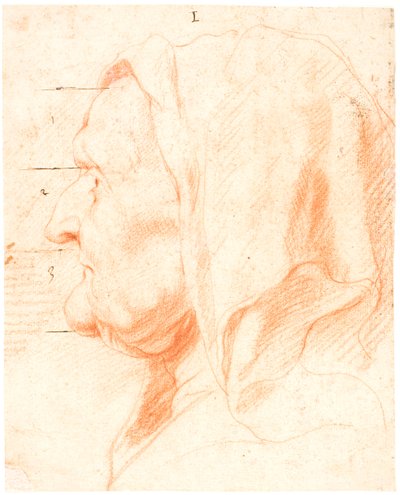 Hoofd van een oude vrouw, in linker profiel door Jacob Jordaens