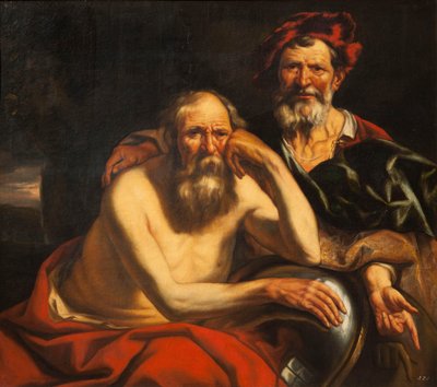 Heraclitus en Democritus door Jacob Jordaens