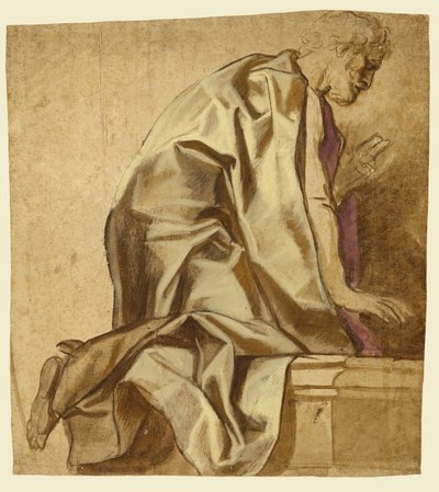 Geknielde man, naar rechts kijkend (recto); Schetsen van figuren (verso) door Jacob Jordaens