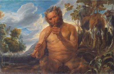 Sater die de pijp speelt (Jupiters kindertijd) (fragment) door Jacob Jordaens