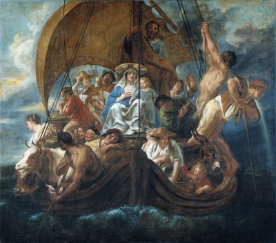 De Heilige Familie en anderen vluchten naar Egypte door Jacob Jordaens
