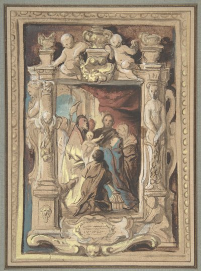 De presentatie in de tempel, met een ontwerp voor een gebeeldhouwde lijst, ca. 1630-1635 door Jacob Jordaens