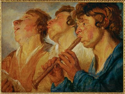 Drie rondtrekkende muzikanten, twee zingend, een derde spelend ... (schilderij op hout) door Jacob Jordaens
