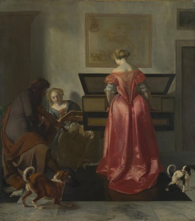 Twee vrouwen en een man maken muziek, ca. 1675 door Jacob Lucasz. Ochtervelt