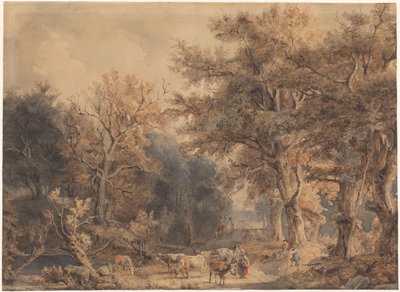 Boslandschap met figuren en vee door Jacob Maris