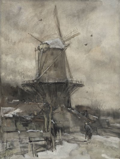 Een molen in de winter door Jacob Maris