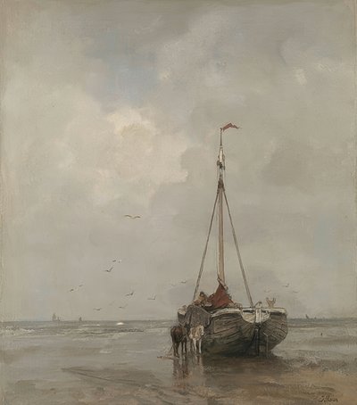 Vissersboot met brede boeg op het strand van Scheveningen. Circa 1885 door Jacob Henricus or Hendricus Maris