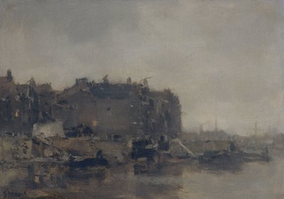 Huizen aan de Prins Hendrikkade, Amsterdam, op een mistige dag door Jacob Maris