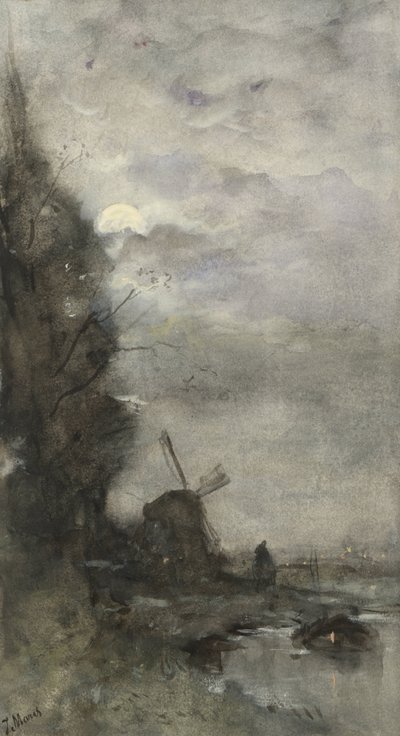Landschap met molen bij maanlicht door Jacob Maris