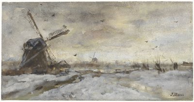 Landschap met molen in de sneeuw door Jacob Maris