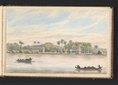 Gezicht op koffieplantage Frederiksdorp aan de Commewijne rivier door Jacob Marius Adriaan Martini van Geffen