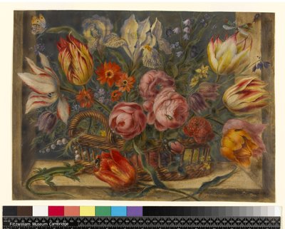 Bloemenstudie: diverse bloemen in een mand, met insecten en een hagedis in een raam, 1634 door Jacob Marrel
