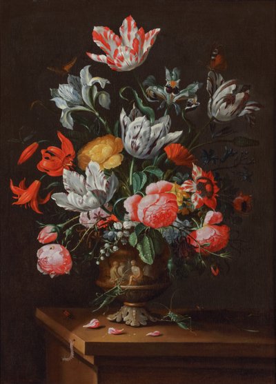 Tulpen en andere bloemen in een beschilderde aardewerken barokvaas op een houten richel door Jacob Marrel