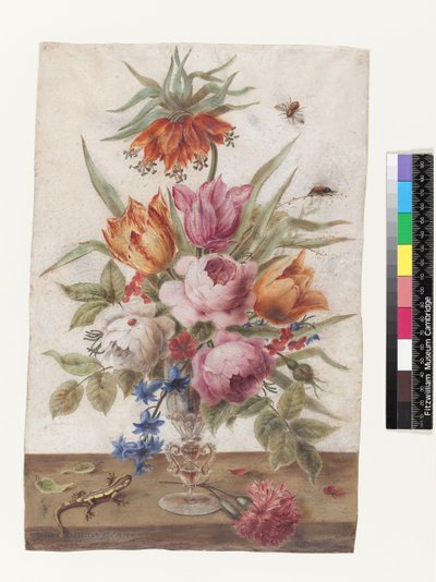 Venetiaans glas met bloemen, een hagedis en insecten, 1634 door Jacob Marrel