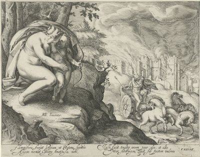 Venus moedigt Cupido aan een pijl naar Pluto te schieten door Jacob Matham (attributed to)