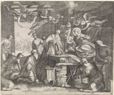 Aanbidding der koningen met engelen door Jacob Matham (workshop of)