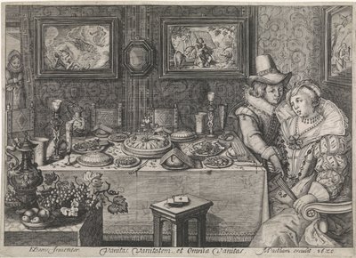 Jong stel zittend aan een weelderig gedekte tafel door Jacob Matham (workshop of)