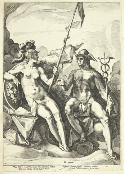 De alliantie tussen Athene en Mercurius (Hermathena) door Jacob Matham