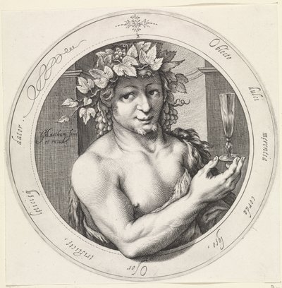 Bacchus met glas door Jacob Matham