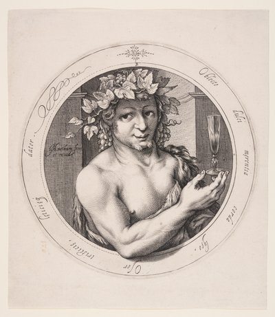 Bacchus, plaat 2 uit Serie van drie goden door Jacob Matham