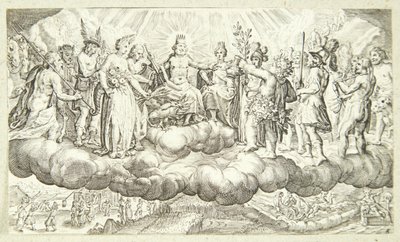 Bacchus biedt wijn aan Jupiter aan door Jacob Matham