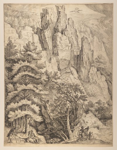 Boheems landschap met paren en jagers (linker plaat) door Jacob Matham