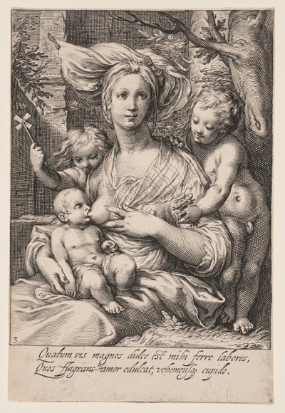 Liefdadigheid, uit De Zeven Deugden door Jacob Matham